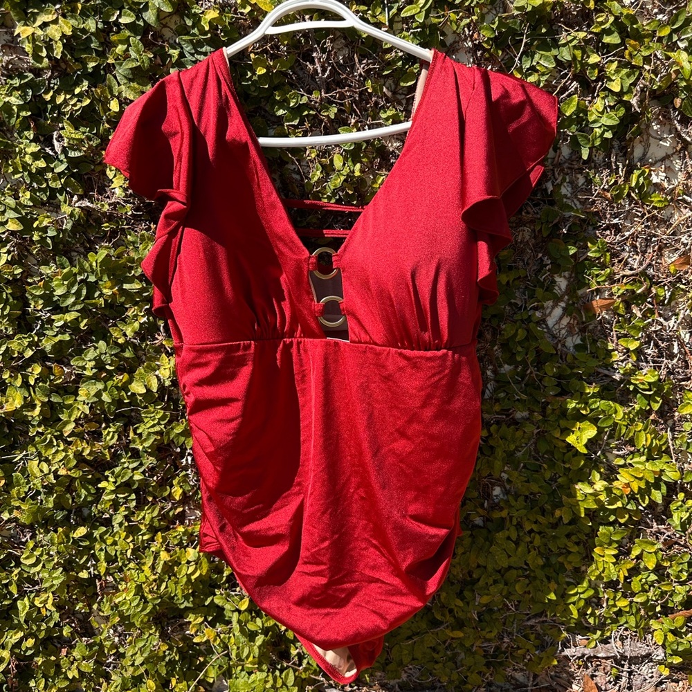 Cacique for Lane Bryant Red Swimsuit with Ruffle Detail